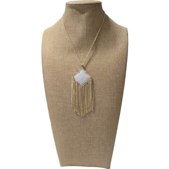 Kendra Scott White Banded Agate Kingston Tassel Fringe Boho Gold Plated Necklace - Picture 2 of 9